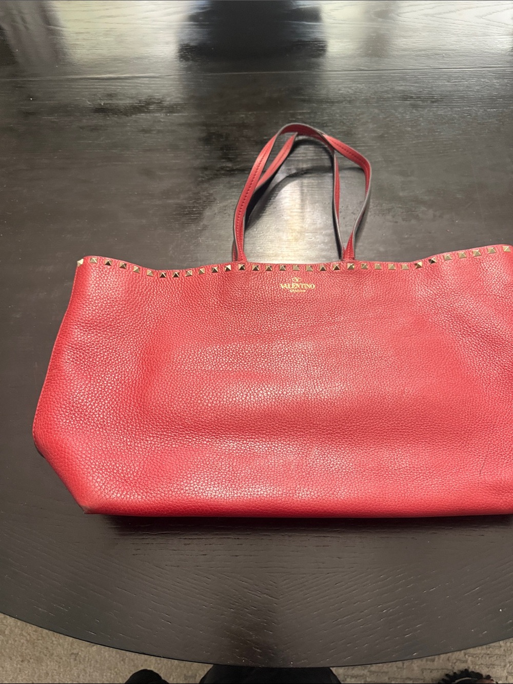 Valentino Red Pebbled Leather Tote with Gold Rockstud Trim